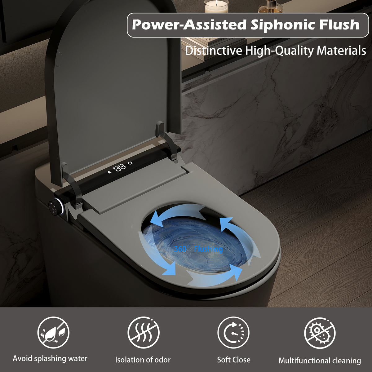 Rainlex Comfort Height Smart Bidet Toilet with Foam Shield, Auto Flush, Heated Seat, Warm Water Wash, Dryer, Bluetooth App & Remote Control(T55)
