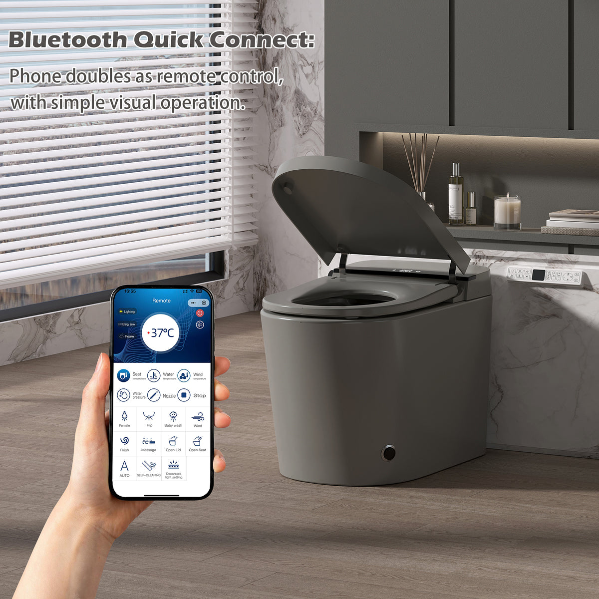 Rainlex Comfort Height Smart Bidet Toilet with Foam Shield, Auto Flush, Heated Seat, Warm Water Wash, Dryer, Bluetooth App & Remote Control(T55)