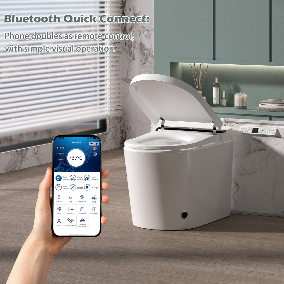 Rainlex Comfort Height Smart Bidet Toilet with Foam Shield, Auto Flush, Heated Seat, Warm Water Wash, Dryer, Bluetooth App & Remote Control(T55)
