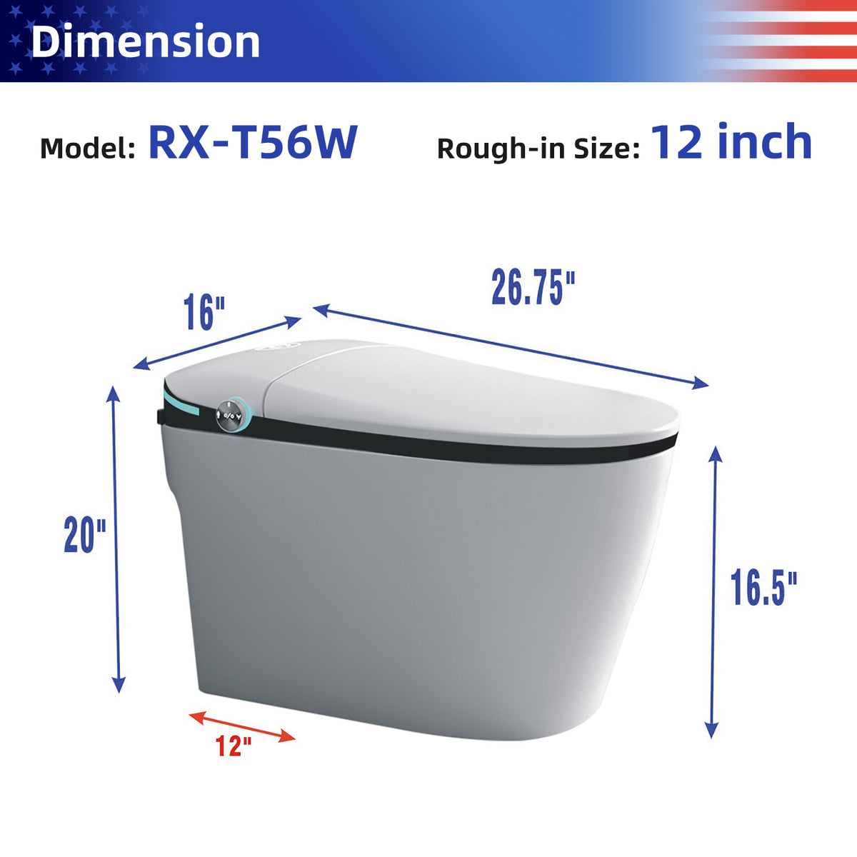 Rainlex Luxury Smart Bidet Toilet with Auto Open Lid, Heated Seat, Warm Water Wash, Dryer, Foot Sensor, LED Display & Remote Control