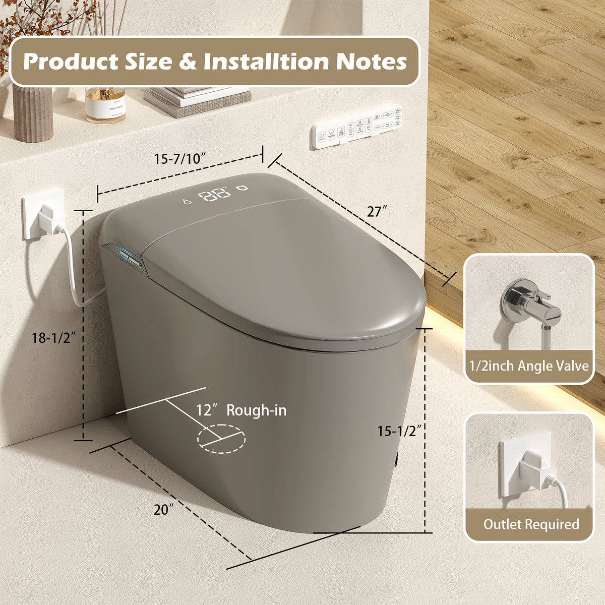 Rainlex Tankless Smart Bidet Toilet with Auto Open Lid, Heated Seat, Warm Water Wash, Dryer, Foot Sensor, LED Display & Remote Control(T57)