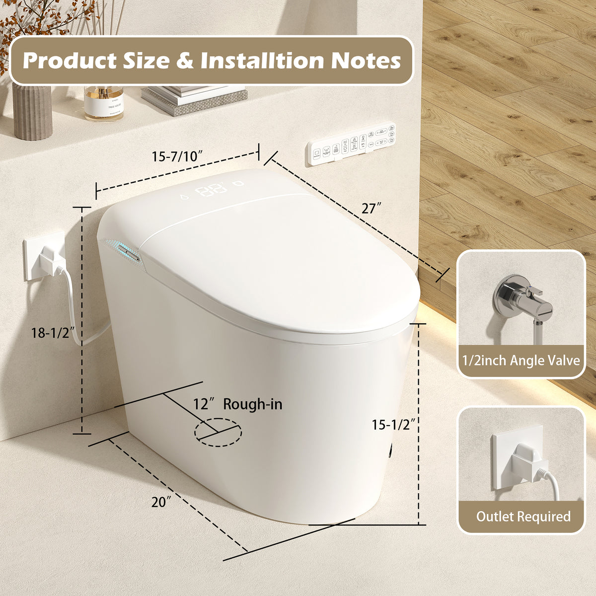 Rainlex Tankless Smart Bidet Toilet with Auto Open Lid, Heated Seat, Warm Water Wash, Dryer, Foot Sensor, LED Display & Remote Control(T57)