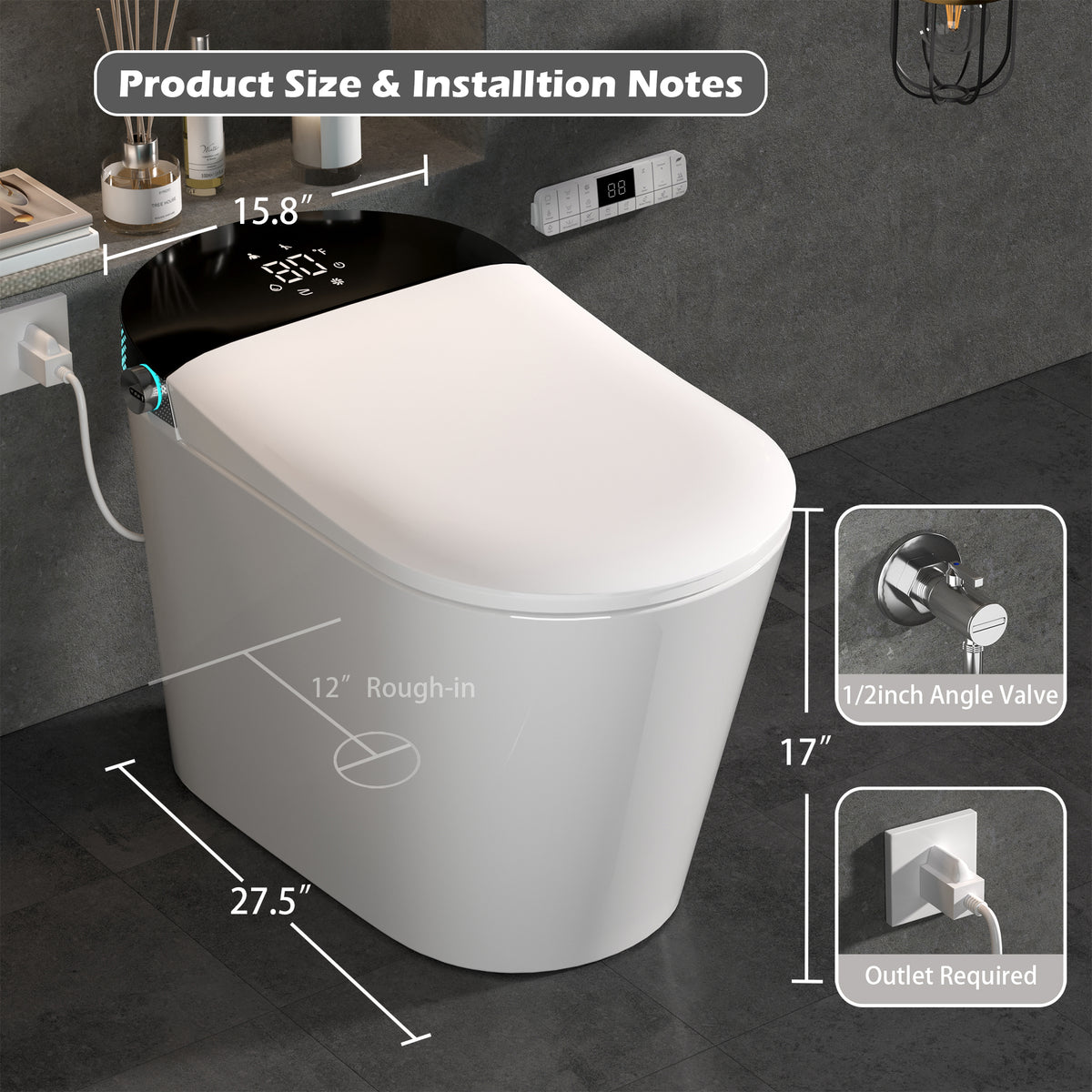 Rainlex ADA Tankless Smart Bidet Toilet with Foot Kick Sensor, Heated Seat, Warm Water Wash, Dryer, Auto Flush, Night Light & Remote Control(T58)