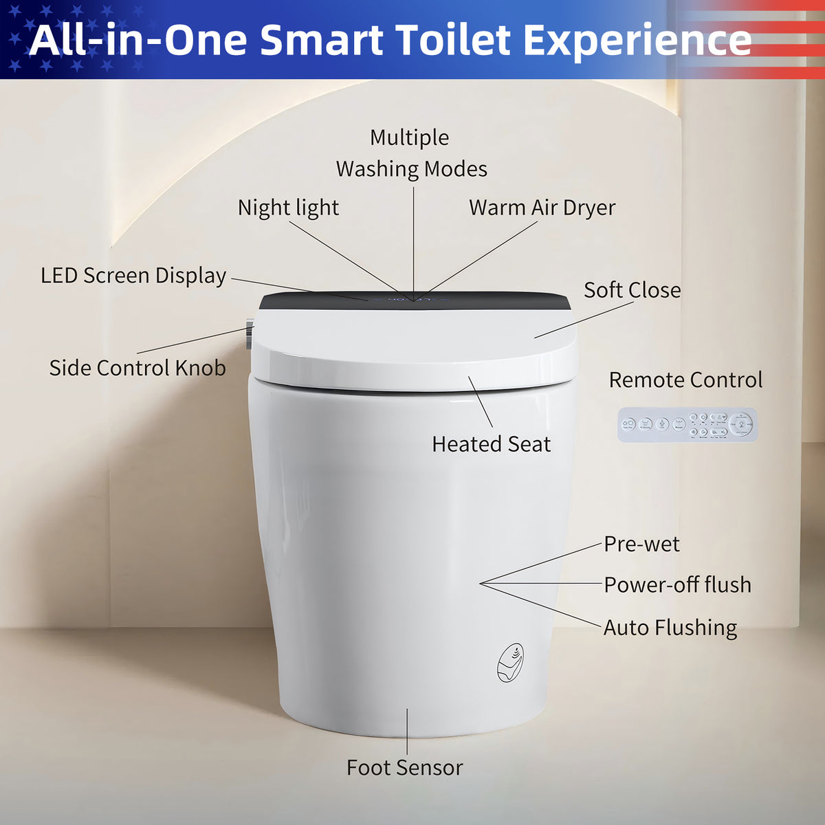 Rainlex Tankless Smart Bidet Toilet with Radar Sensor Auto Lid, Heated Seat, Warm Water Wash, Dryer, Foot Sensor, LED Display & Remote Control(T60)