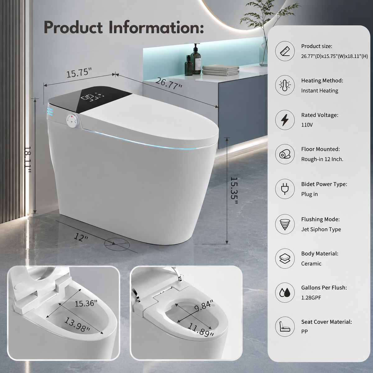 Rainlex Smart Bidet Toilet with Built-in Booster Tank, Radar Sensor Auto Lid, Heated Seat, Warm Water Wash, Dryer, Self-Cleaning Nozzle & Remote Control(T61)