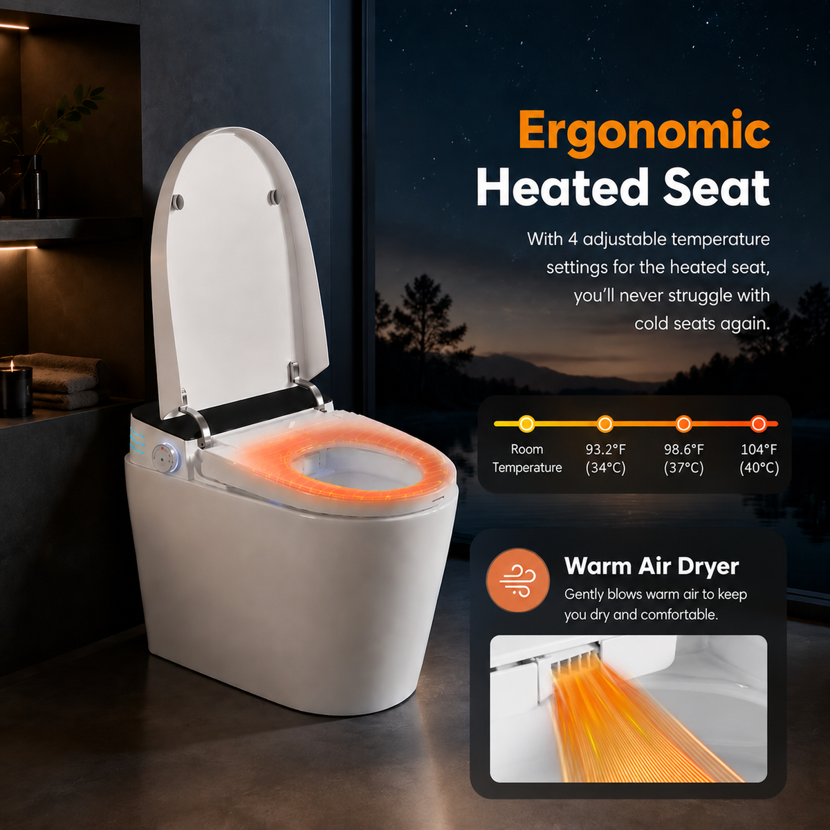 Rainlex Smart Bidet Toilet with Built-in Booster Tank, Radar Sensor Auto Lid, Heated Seat, Warm Water Wash, Dryer, Self-Cleaning Nozzle & Remote Control(T61)
