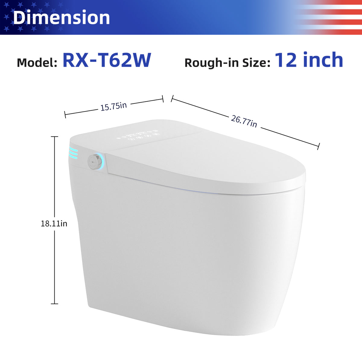 Rainlex Tankless Smart Bidet Toilet with Heated Seat, Warm Water Wash, Dryer, Foot Sensor, Self-Cleaning Nozzle, LED Display & Remote Control(T62)