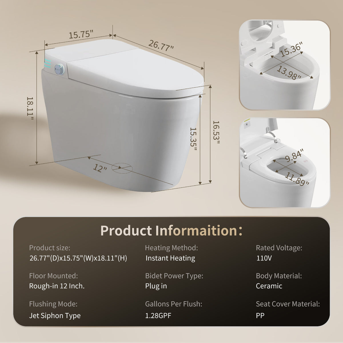 Rainlex Premium Tankless Smart Bidet Toilet with Radar Sensor Auto Lid, Heated Seat, Warm Water Wash, Dryer, Self-Cleaning Nozzle & Remote Control(T63)
