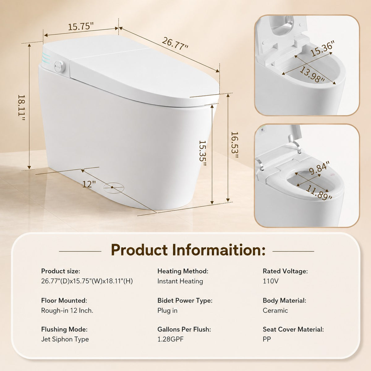 Rainlex Smart Bidet Toilet with Built-in Booster Tank, Radar Sensor Auto Lid, Heated Seat, Warm Water Wash, Dryer, Self-Cleaning Nozzle & Remote Control(T64)