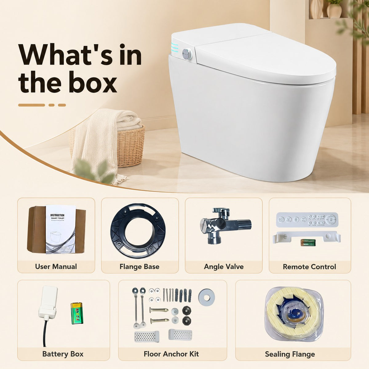 Rainlex Smart Bidet Toilet with Built-in Booster Tank, Radar Sensor Auto Lid, Heated Seat, Warm Water Wash, Dryer, Self-Cleaning Nozzle & Remote Control(T64)