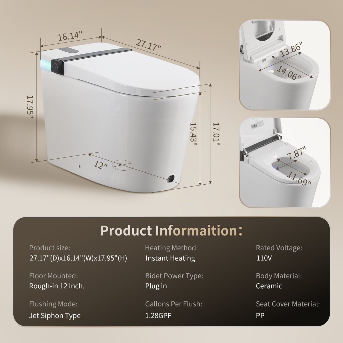 Rainlex Smart Bidet Toilet with Foam Shield, Radar Sensor Auto Lid, Heated Seat, Warm Water Wash, Dryer, Foot Sensor & Remote Control(T65)