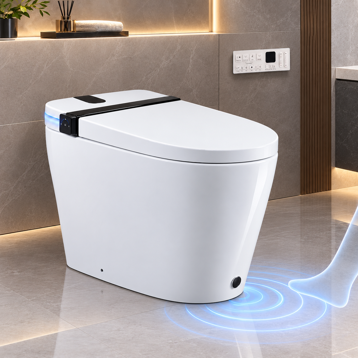 Rainlex Smart Bidet Toilet with Built-in Booster Tank, Radar Sensor Auto Lid, Heated Seat, Foam Shield, Warm Water Wash, Dryer & Side Knob Control(T66)