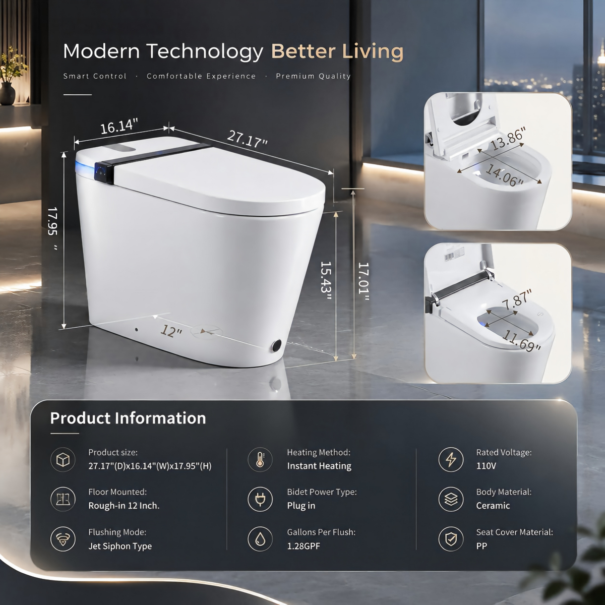 Rainlex Smart Bidet Toilet with Built-in Booster Tank, Radar Sensor Auto Lid, Heated Seat, Foam Shield, Warm Water Wash, Dryer & Side Knob Control(T66)