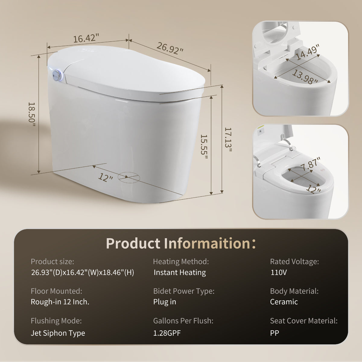Rainlex Tankless Smart Bidet Toilet with Auto Open Lid, Heated Seat, Bubble Wash, Warm Water Wash, Dryer, Foot Sensor & Side Knob Control(T67)