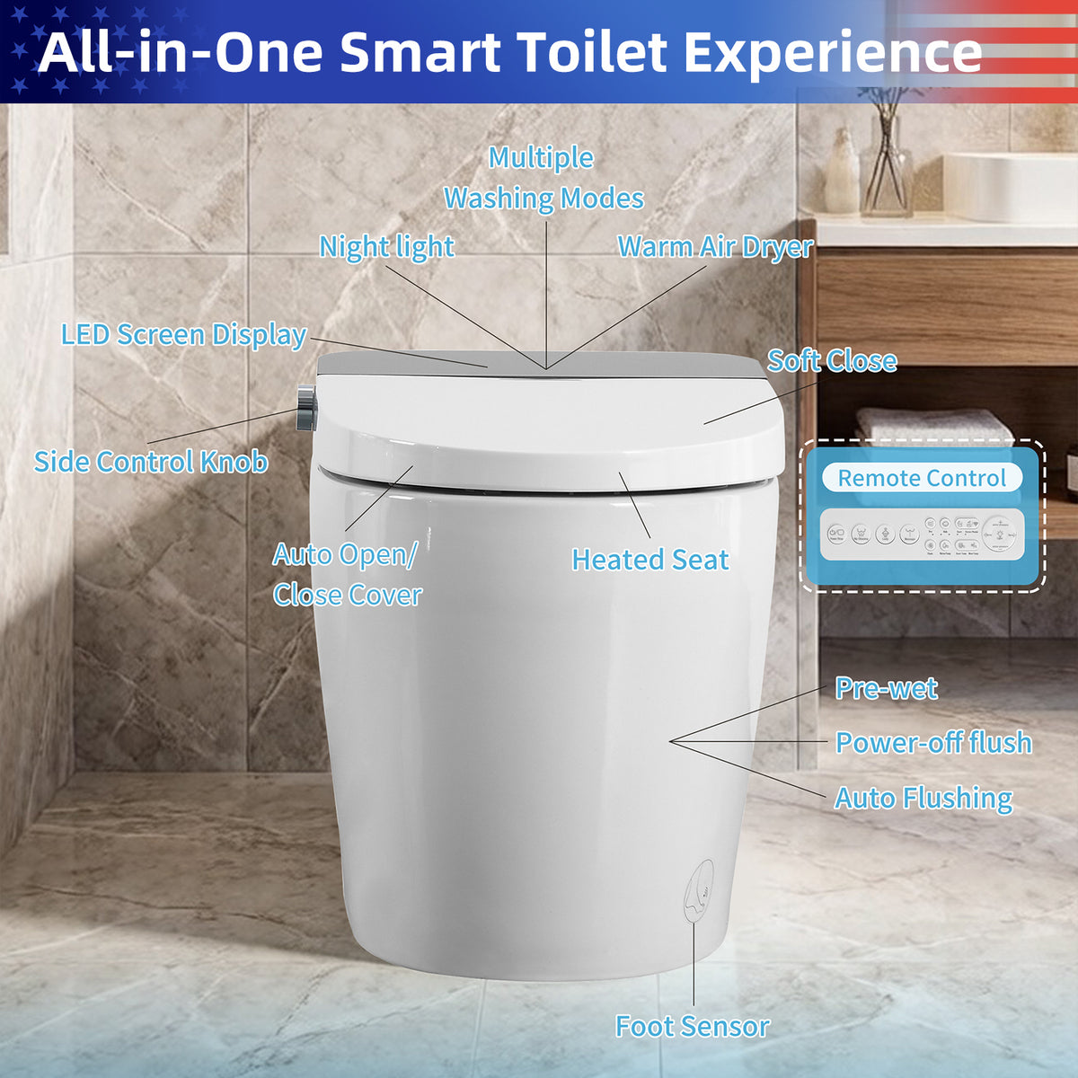 Rainlex Smart Bidet Toilet with Built-in Booster Tank, Radar Sensor Auto Lid, Heated Seat, Warm Water Wash, Dryer, Self-Cleaning Nozzle & Remote Control(T68)