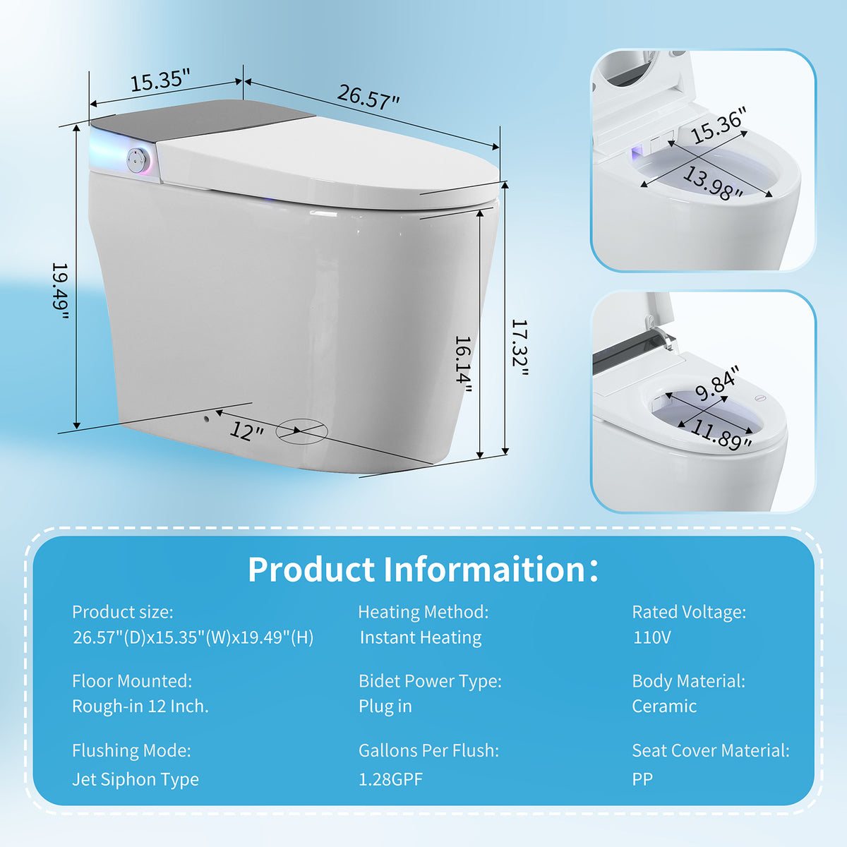 Rainlex ADA Smart Bidet Toilet with Built-in Booster Tank, Radar Sensor Auto Lid, Heated Seat, Warm Water Wash, Dryer, Foot Sensor & Remote Control(T69)