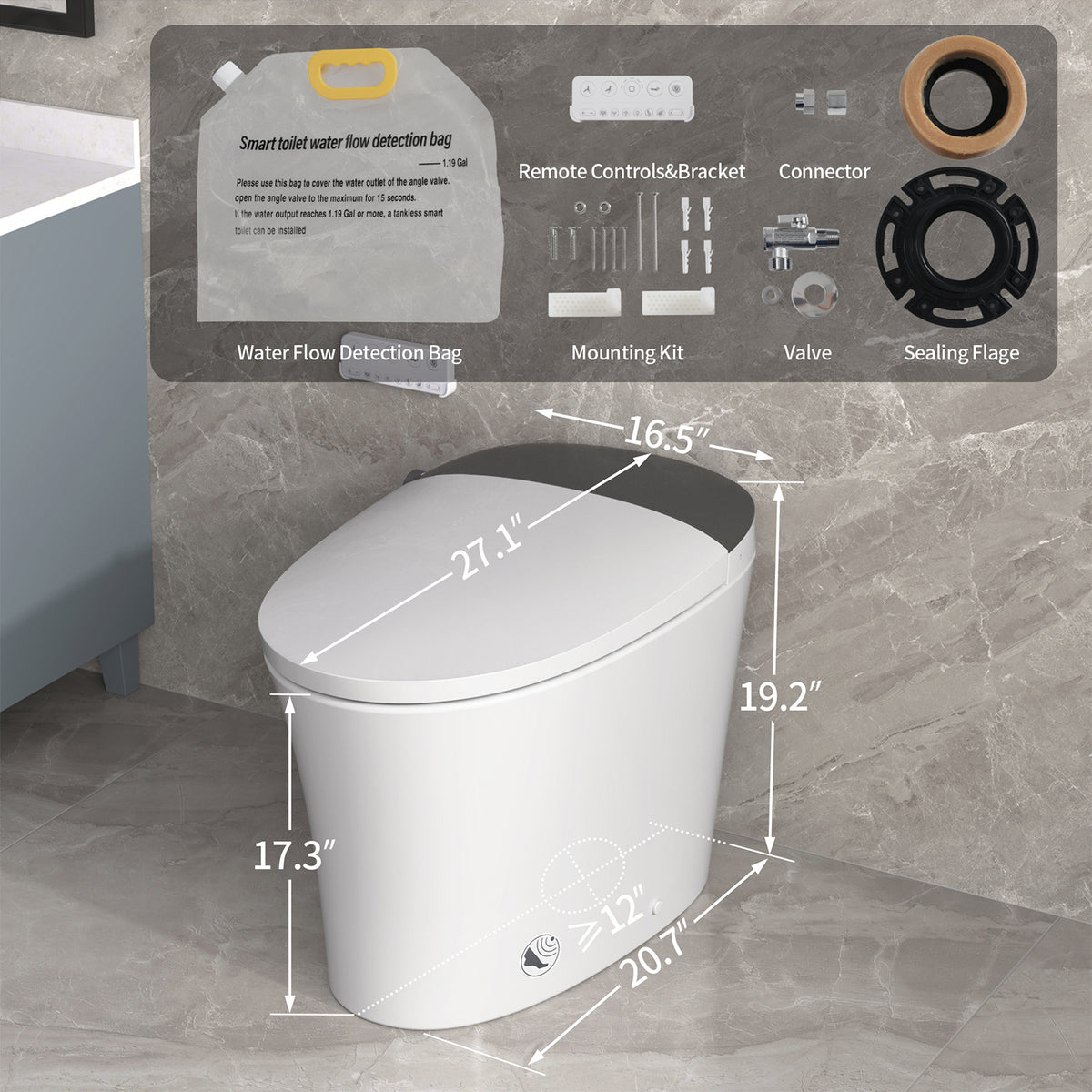 Rainlex Smart Bidet Toilet with ADA Comfort Height, Heated Seat, Dual Flush 1.0/1.28 GPF, Warm Dryer, Night Light & Remote Control（T72）