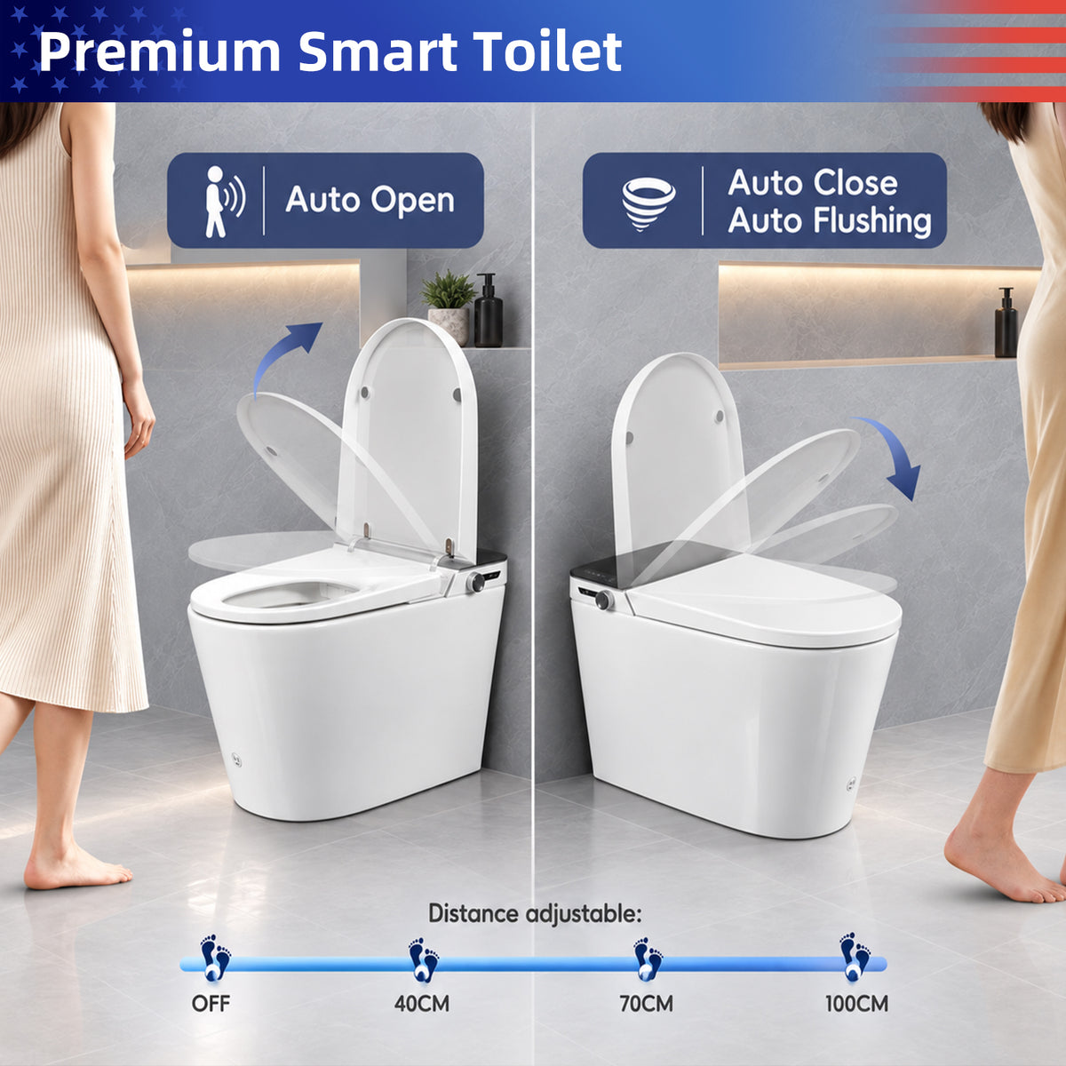 Rainlex Tankless Smart Bidet Toilet with Auto Open Lid, Heated Seat, Warm Water Wash, Dryer, Foot Sensor & Remote Control(T74)