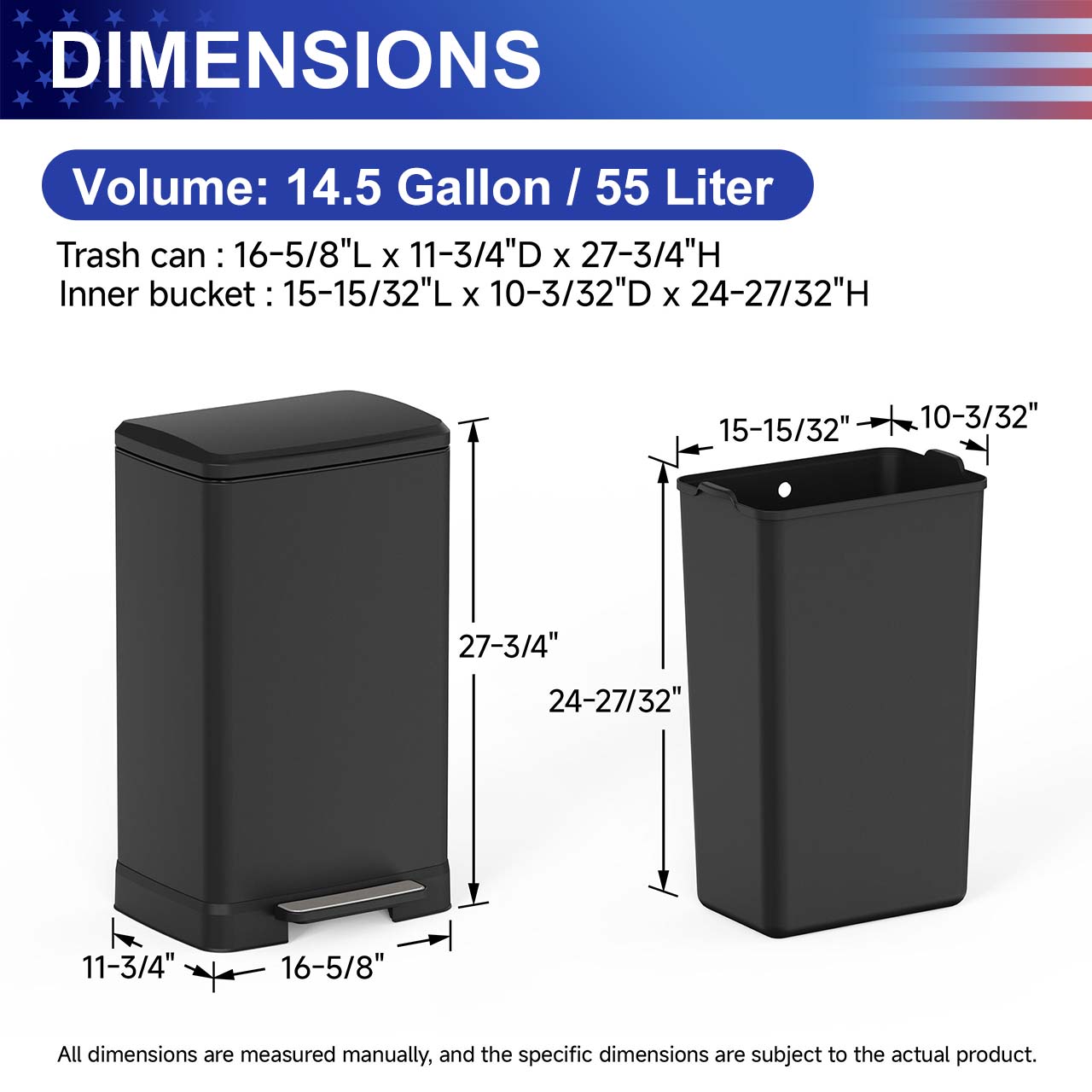 14.5 Gal. Stainless Steel Step Trash Can with Soft-Close Lid, Removable Inner Bucket, Detachable Wheels and Odor Control Slot,RX-TB01-14