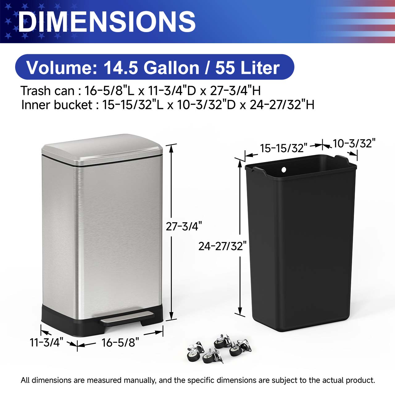 14.5 Gal. Stainless Steel Step Trash Can with Soft-Close Lid, Removable Inner Bucket, Detachable Wheels and Odor Control Slot,RX-TB01-14