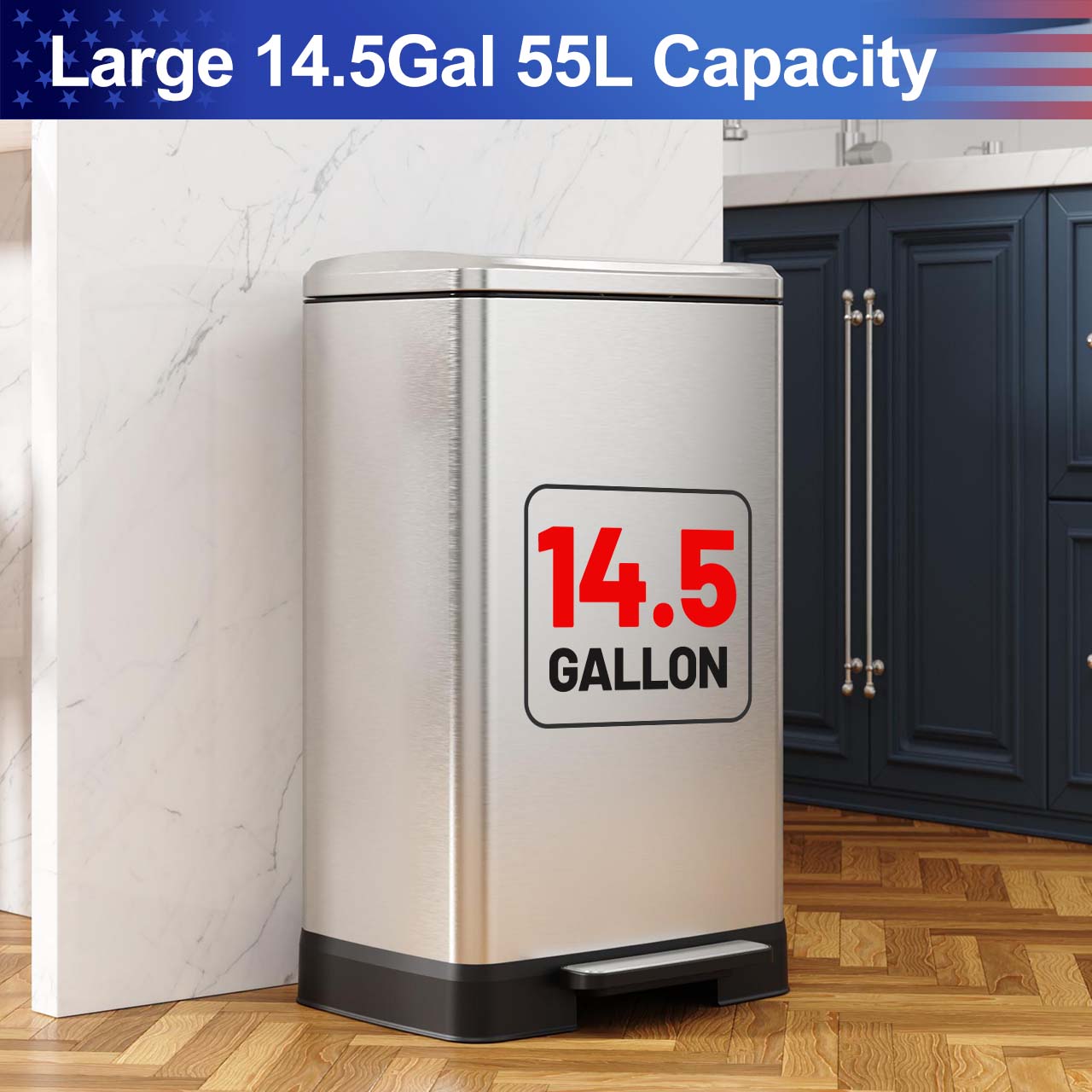 14.5 Gal. Stainless Steel Step Trash Can with Soft-Close Lid, Removable Inner Bucket, Detachable Wheels and Odor Control Slot,RX-TB01-14