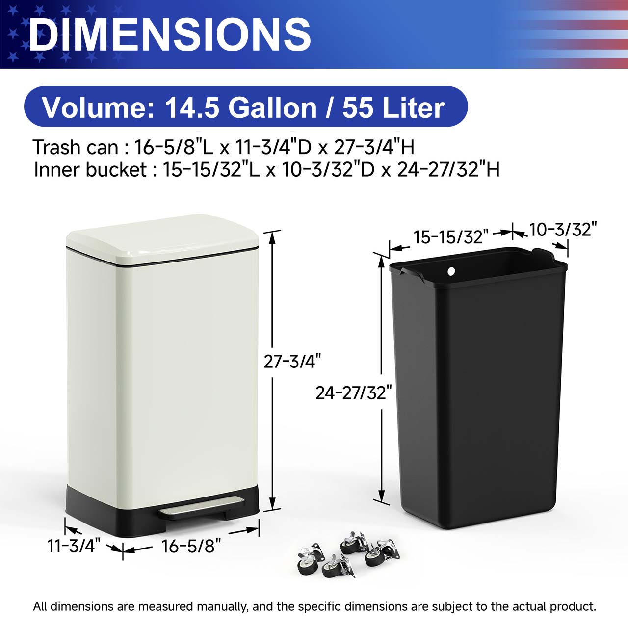 14.5 Gal. Stainless Steel Step Trash Can with Soft-Close Lid, Removable Inner Bucket, Detachable Wheels and Odor Control Slot,RX-TB01-14