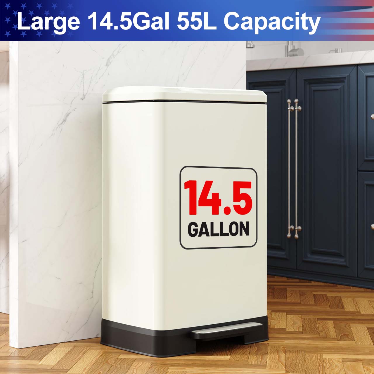 14.5 Gal. Stainless Steel Step Trash Can with Soft-Close Lid, Removable Inner Bucket, Detachable Wheels and Odor Control Slot,RX-TB01-14