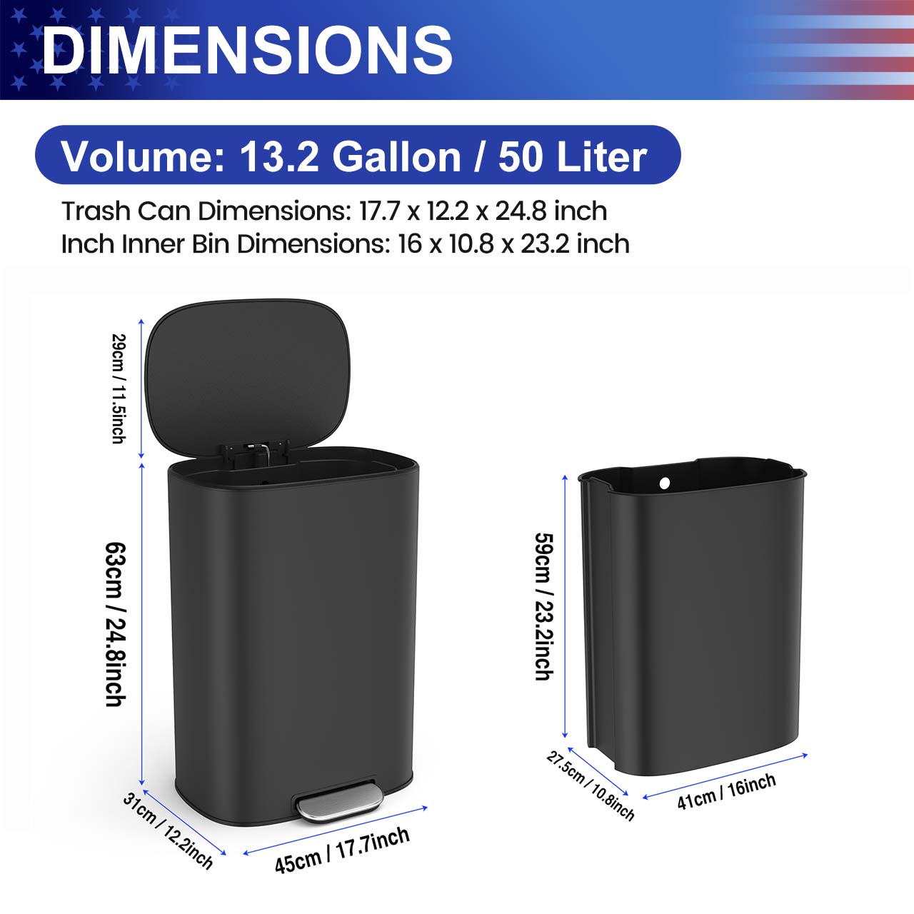 13 Gal. / 50 L Stainless Steel Step Trash Can with Soft-Close Stay-Open Lid and Removable Inner Bucket,RX-TB03-13