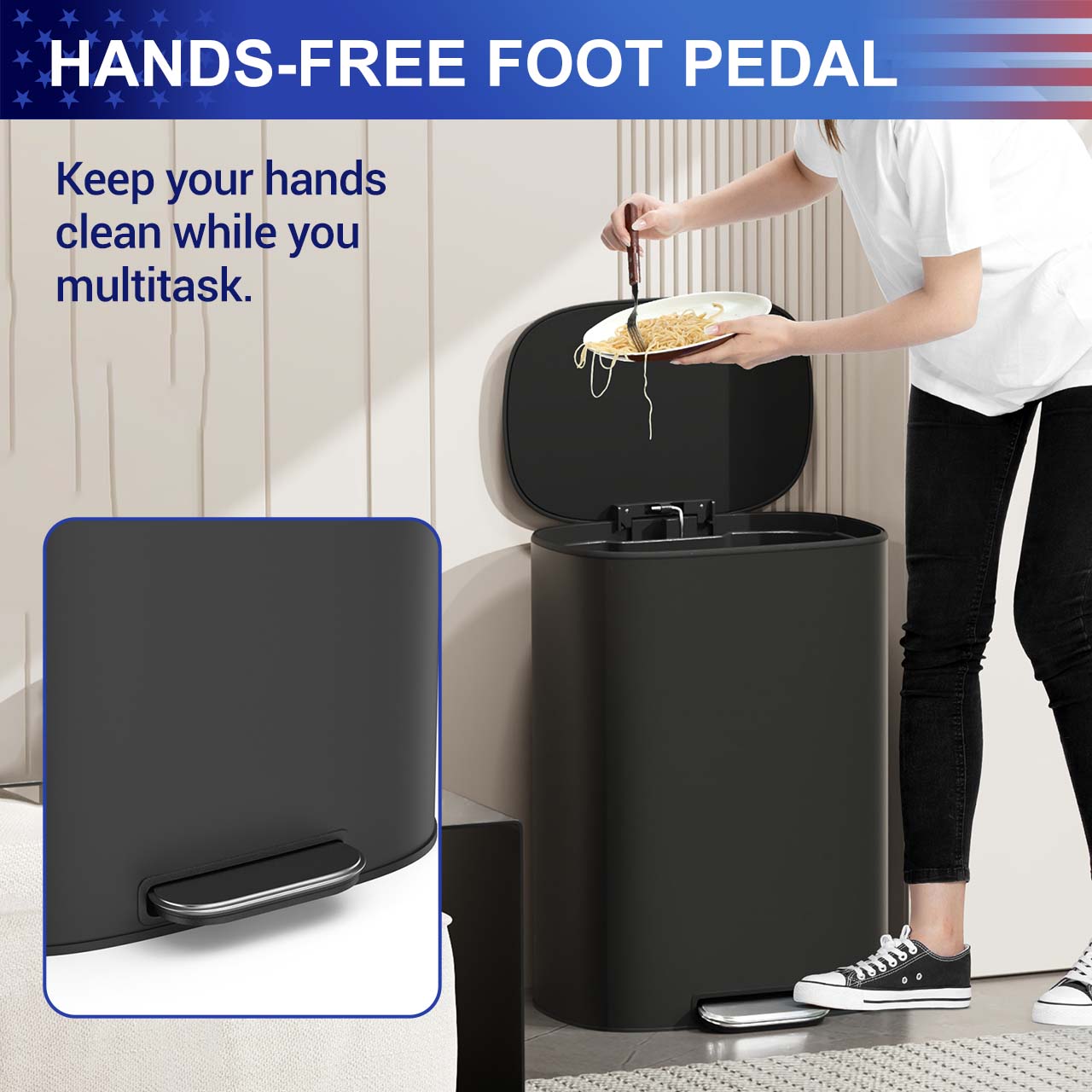 13 Gal. / 50 L Stainless Steel Step Trash Can with Soft-Close Stay-Open Lid and Removable Inner Bucket,RX-TB03-13