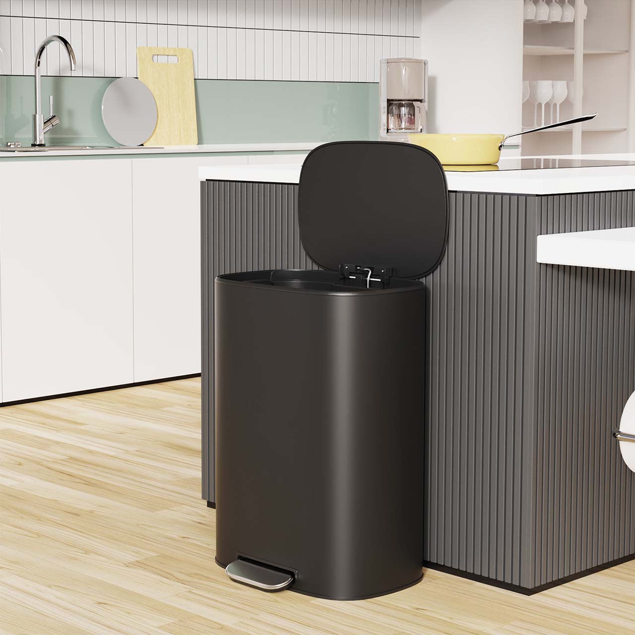 13 Gal. / 50 L Stainless Steel Step Trash Can with Soft-Close Stay-Open Lid and Removable Inner Bucket,RX-TB03-13