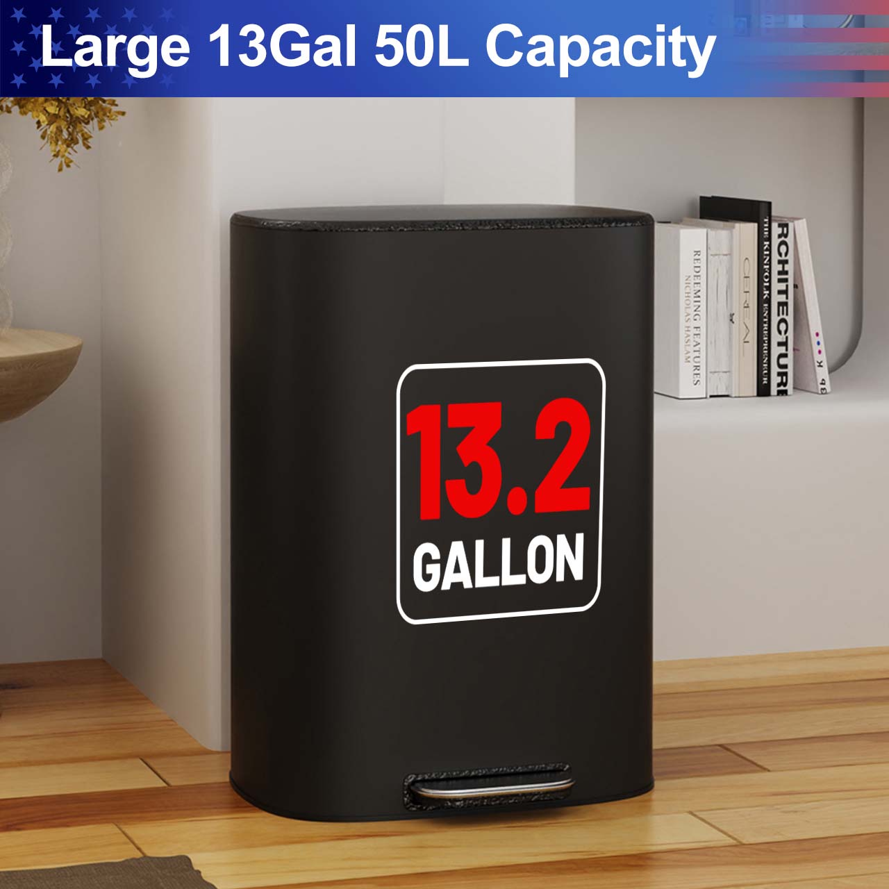 13 Gal. / 50 L Stainless Steel Step Trash Can with Soft-Close Stay-Open Lid and Removable Inner Bucket,RX-TB03-13