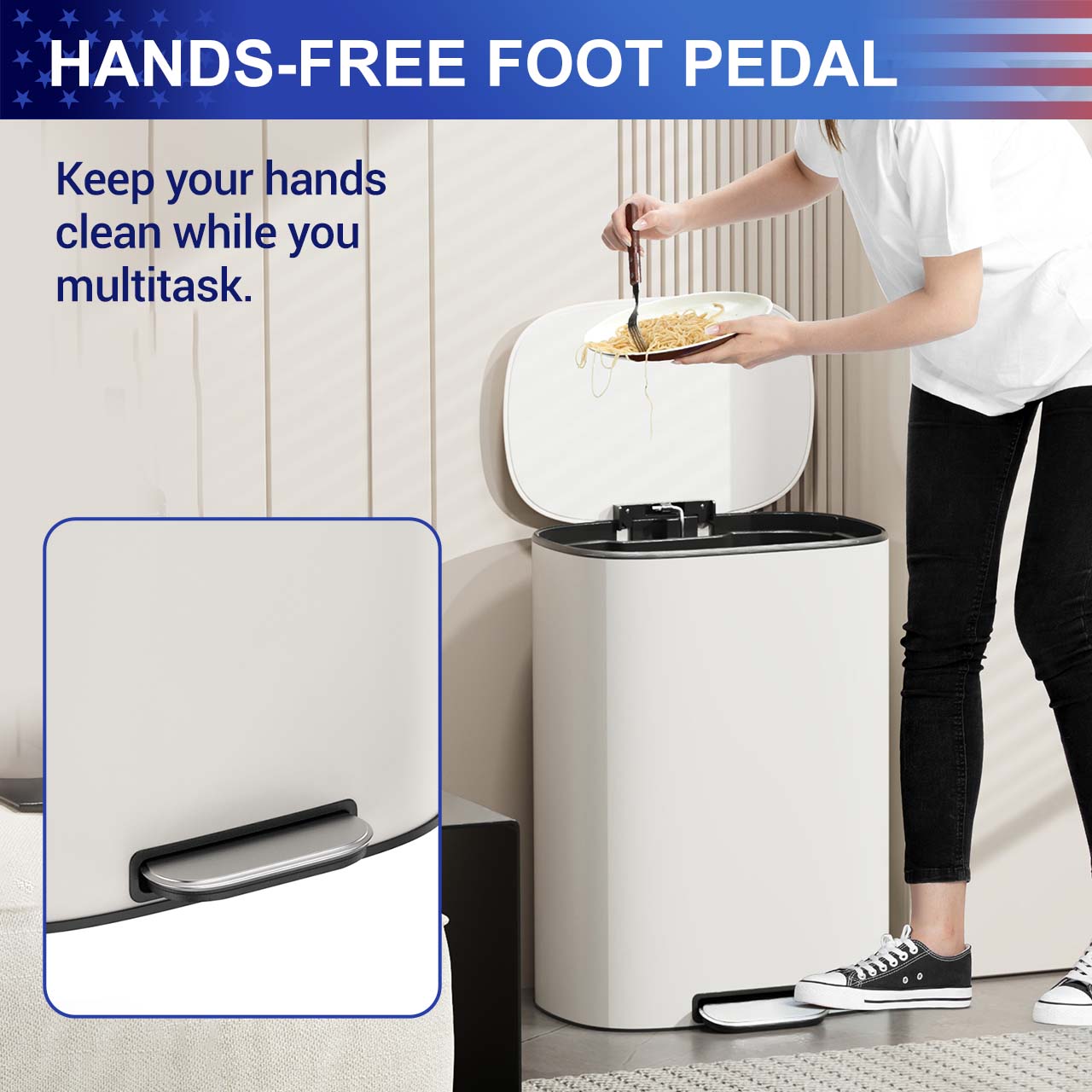 13 Gal. / 50 L Stainless Steel Step Trash Can with Soft-Close Stay-Open Lid and Removable Inner Bucket,RX-TB03-13