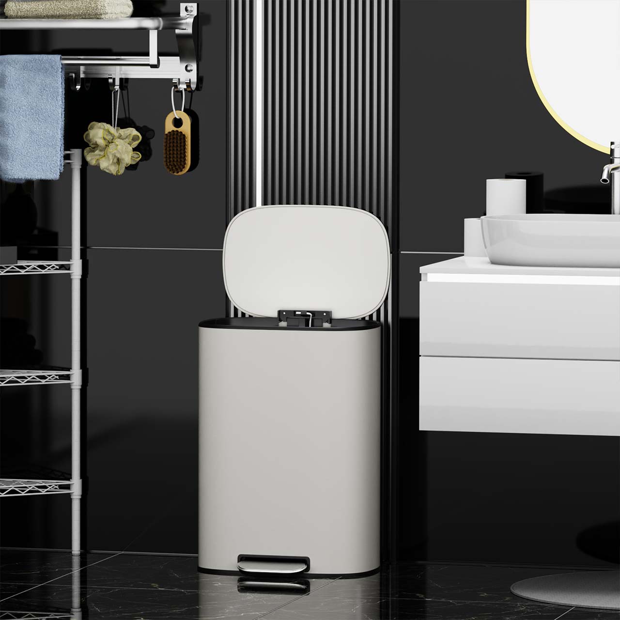 13 Gal. / 50 L Stainless Steel Step Trash Can with Soft-Close Stay-Open Lid and Removable Inner Bucket,RX-TB03-13