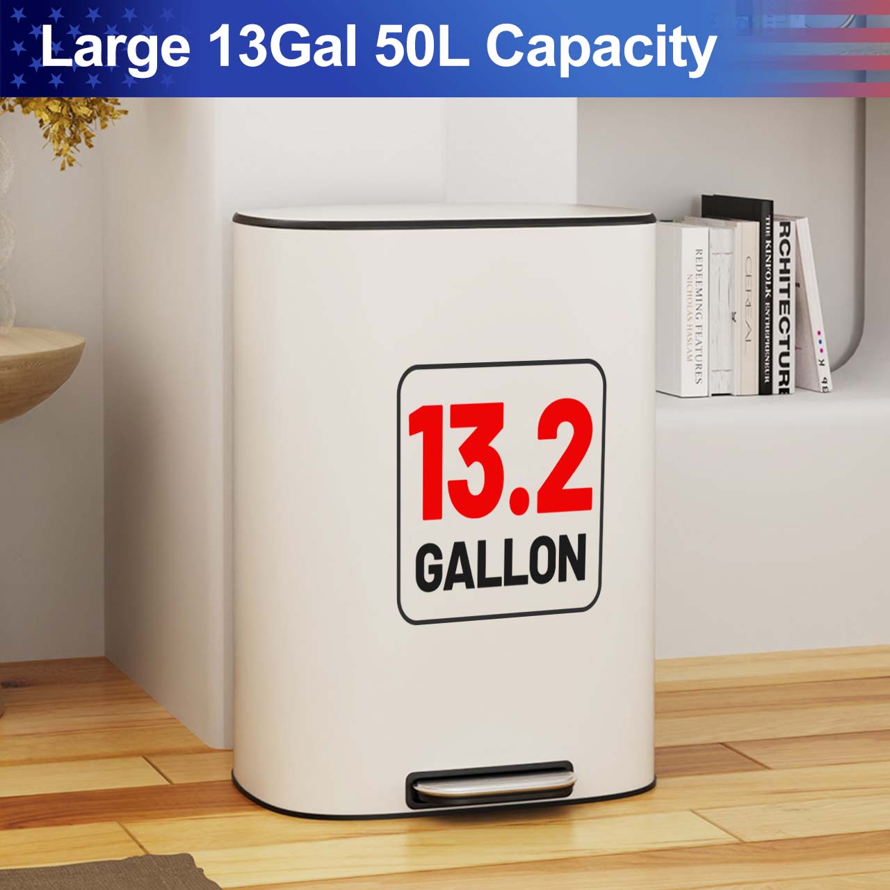13 Gal. / 50 L Stainless Steel Step Trash Can with Soft-Close Stay-Open Lid and Removable Inner Bucket,RX-TB03-13