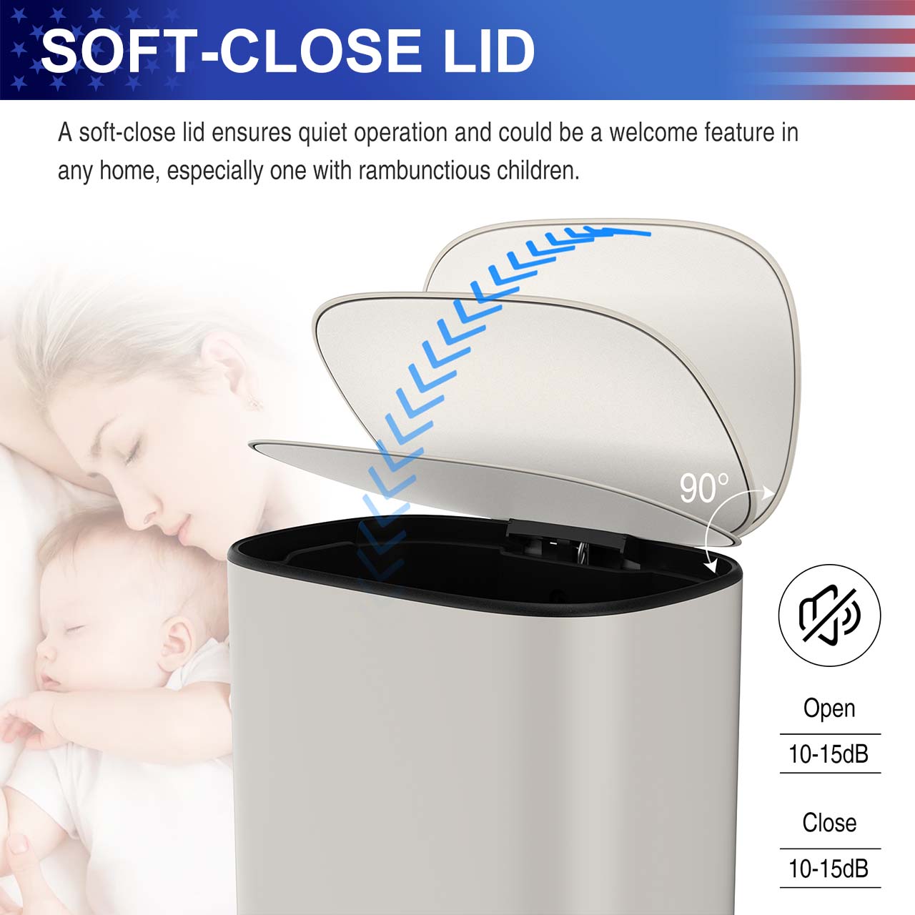 13 Gal. / 50 L Stainless Steel Step Trash Can with Soft-Close Stay-Open Lid and Removable Inner Bucket,RX-TB03-13