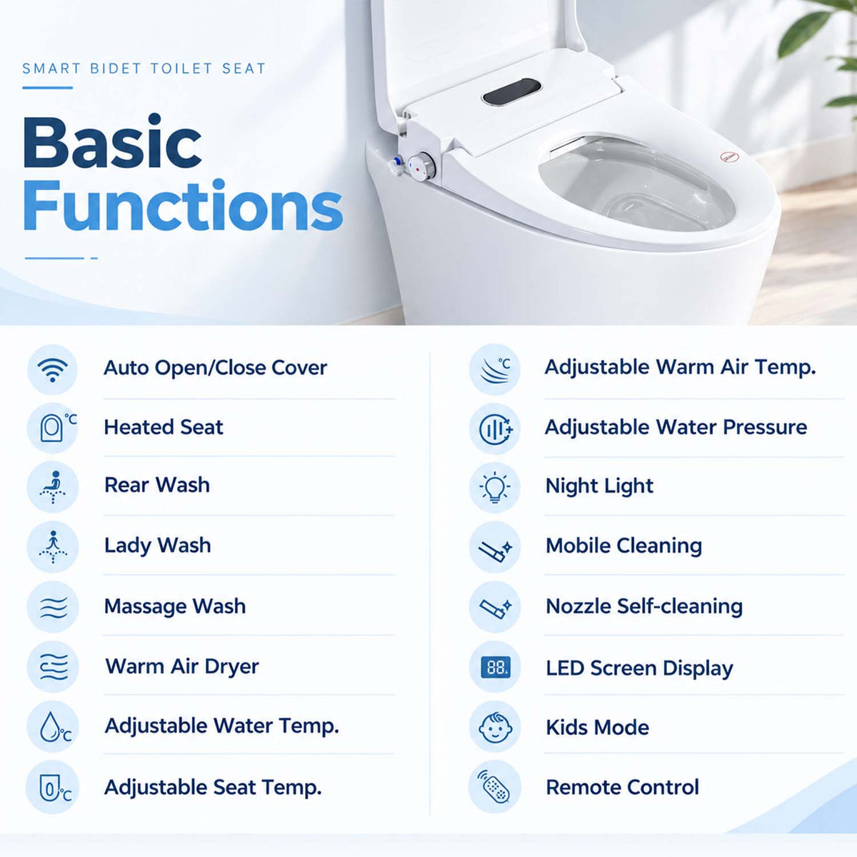 Smart Bidet Toilet Seat with Auto Open/Close Lid, Heated Seat, Adjustable Water Temperature & Pressure