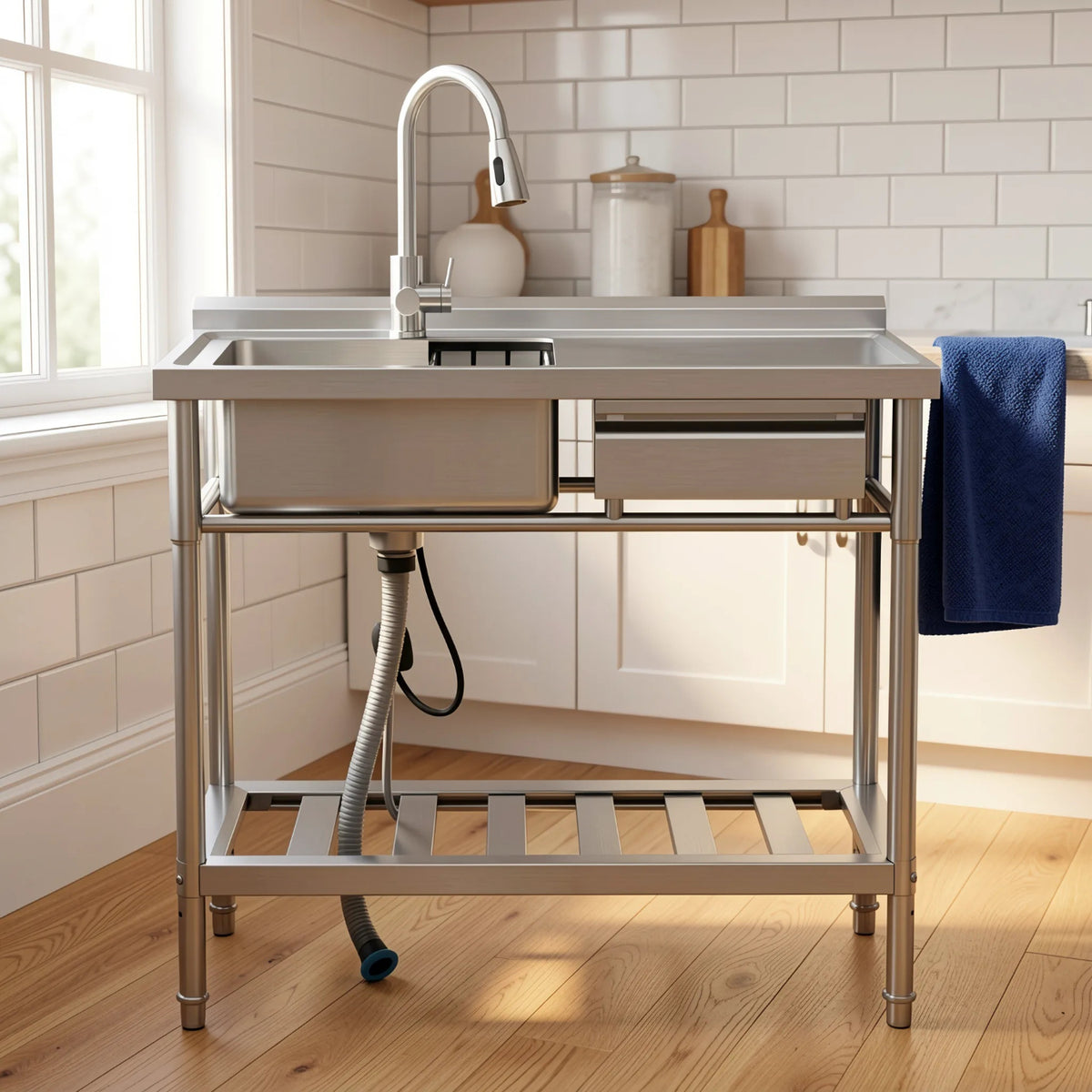 RAINLEX 39" Freestanding Commercial Kitchen Sink with Pull-Out Faucet in Stainless Steel