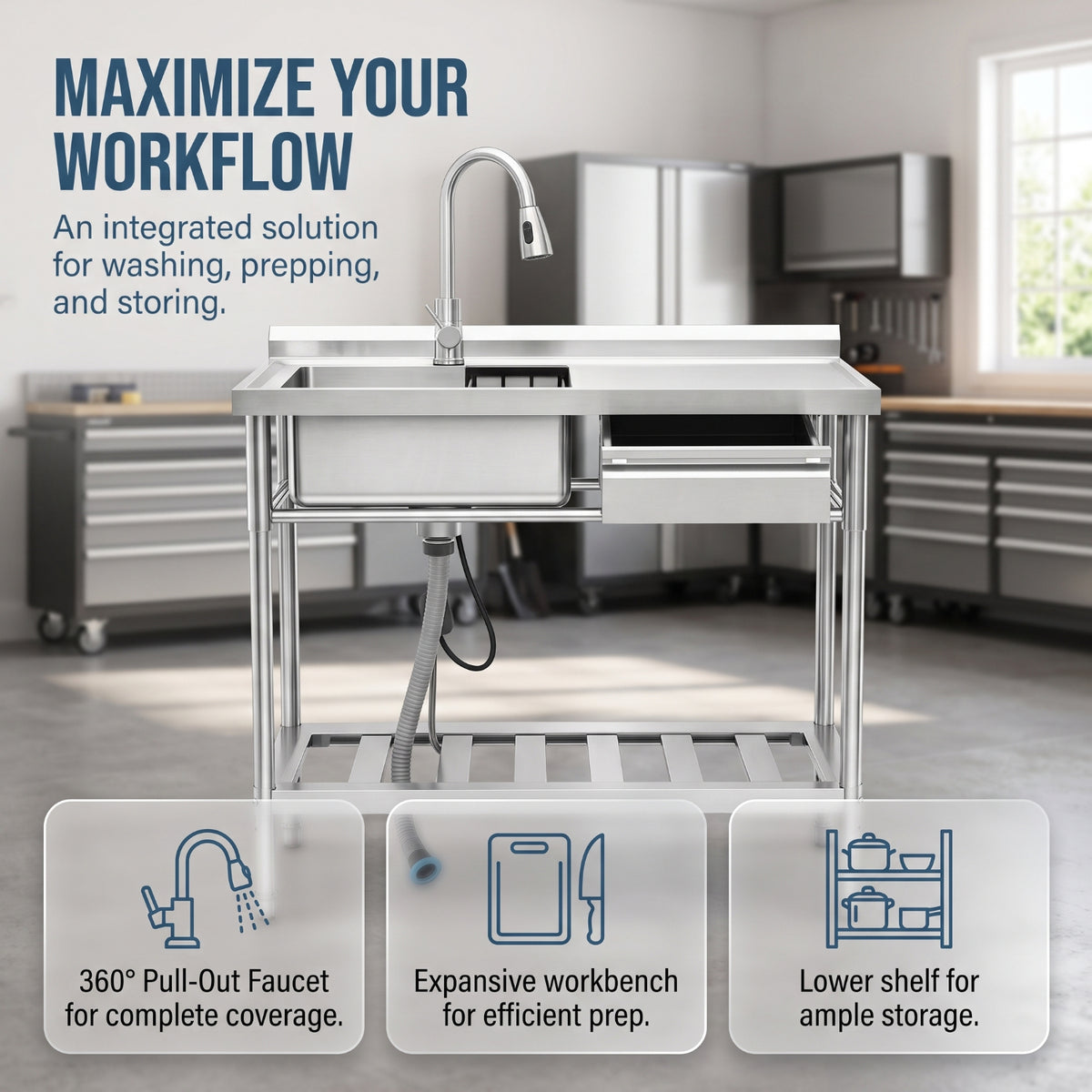 RAINLEX 39" Freestanding Commercial Kitchen Sink with Pull-Out Faucet in Stainless Steel - RX-US01-3920