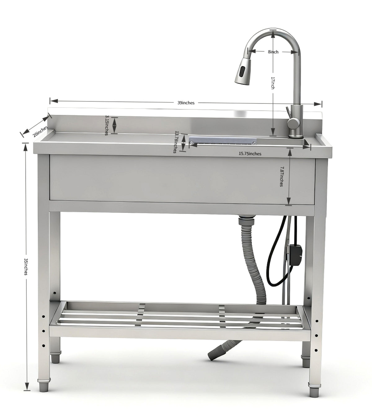 RAINLEX 39" Freestanding Utility Sink with Pull-Out Faucet in Stainless Steel