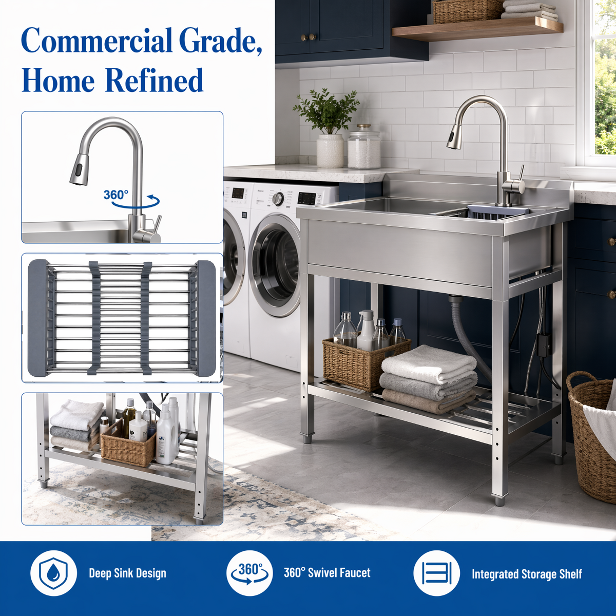 RAINLEX 39" Freestanding Utility Sink with Pull-Out Faucet in Stainless Steel