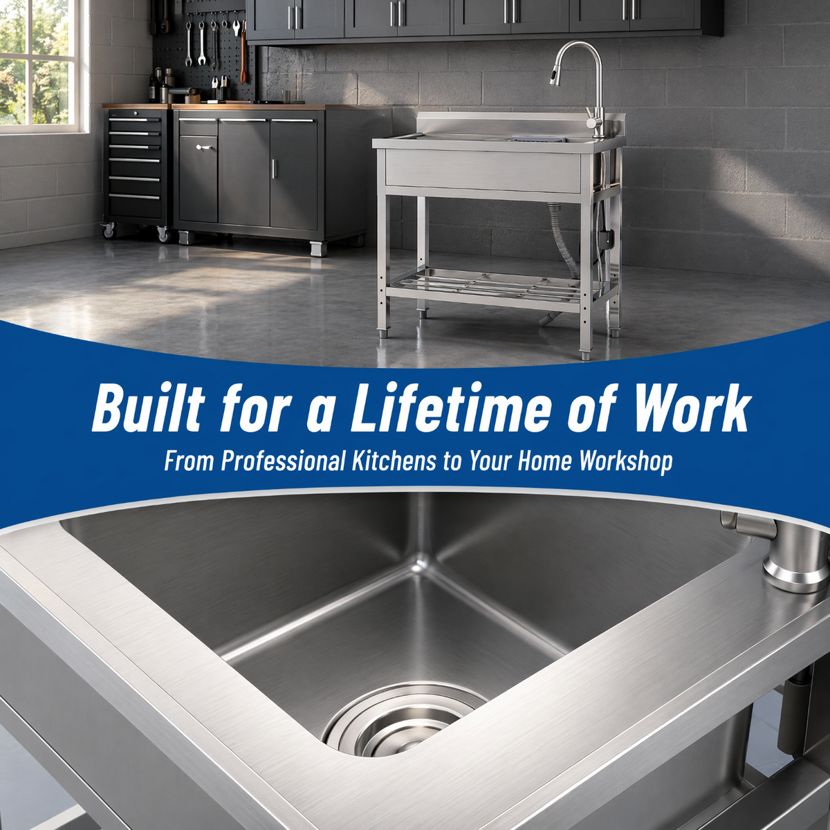 RAINLEX 39" Freestanding Utility Sink with Pull-Out Faucet in Stainless Steel