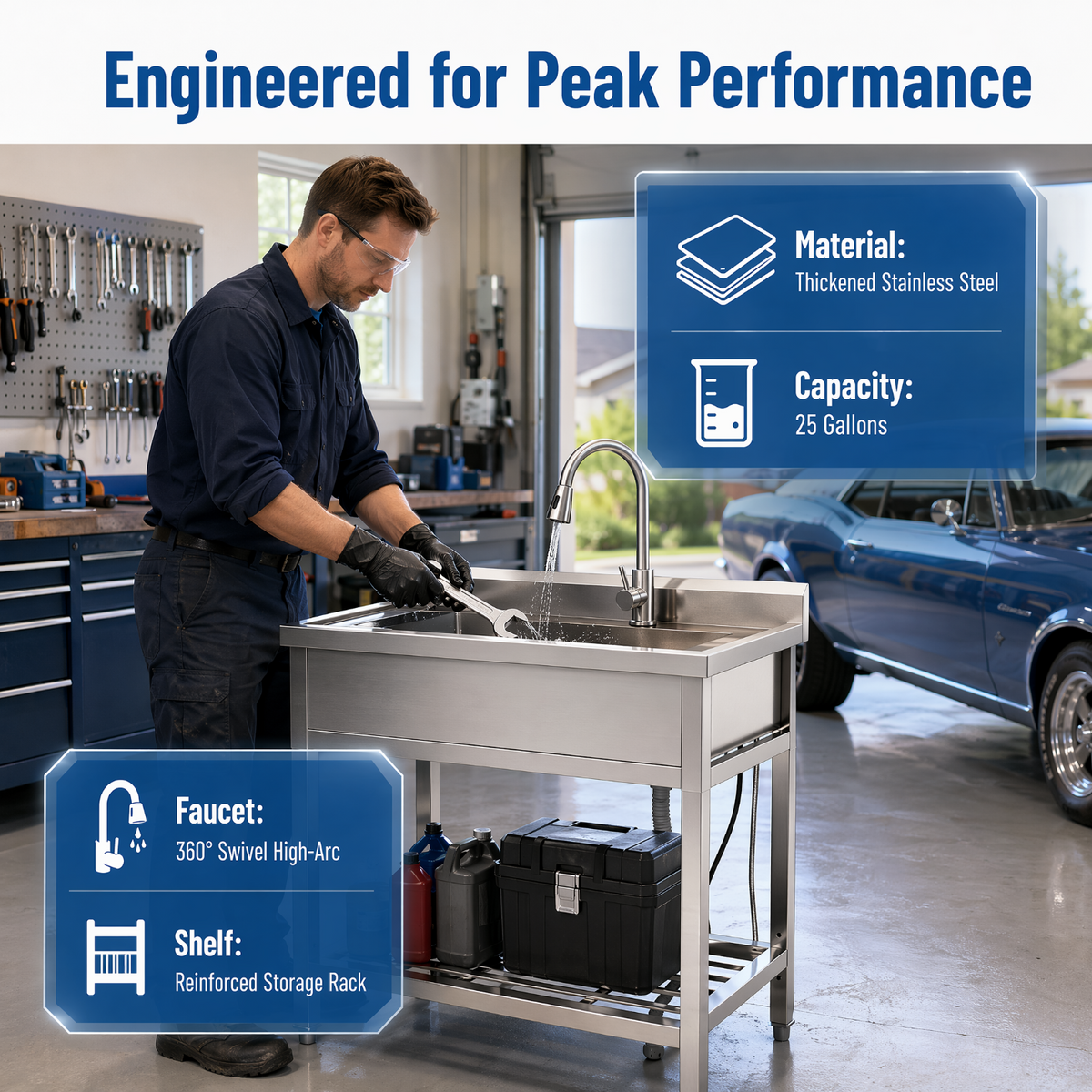 RAINLEX 39" Freestanding Utility Sink with Pull-Out Faucet in Stainless Steel