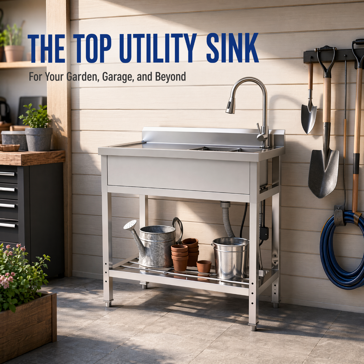 RAINLEX 39" Freestanding Utility Sink with Pull-Out Faucet in Stainless Steel