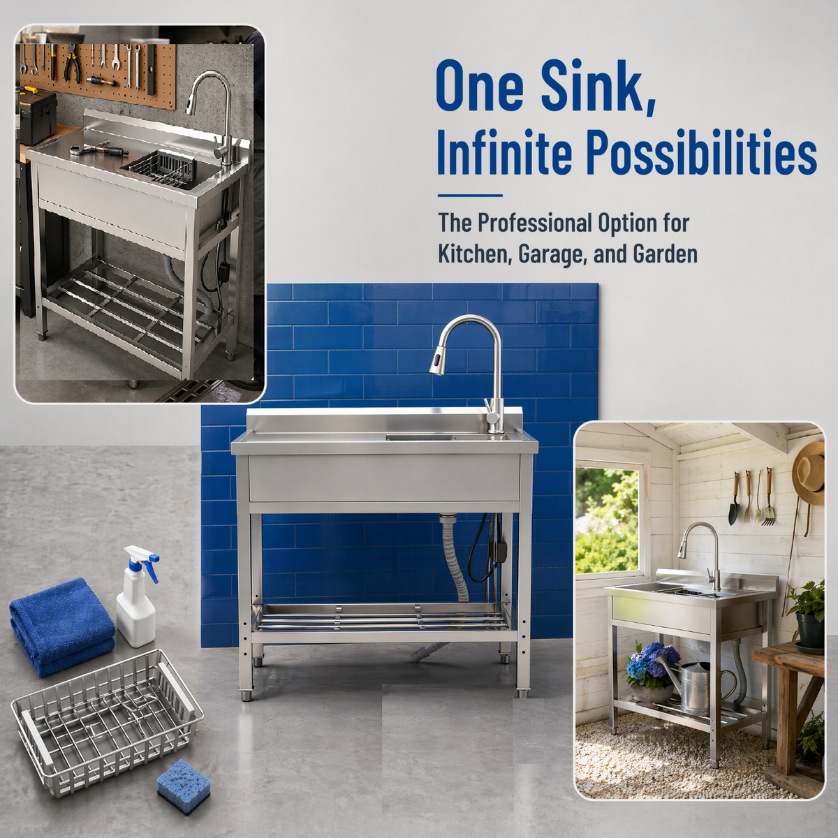 RAINLEX 39" Freestanding Utility Sink with Pull-Out Faucet in Stainless Steel