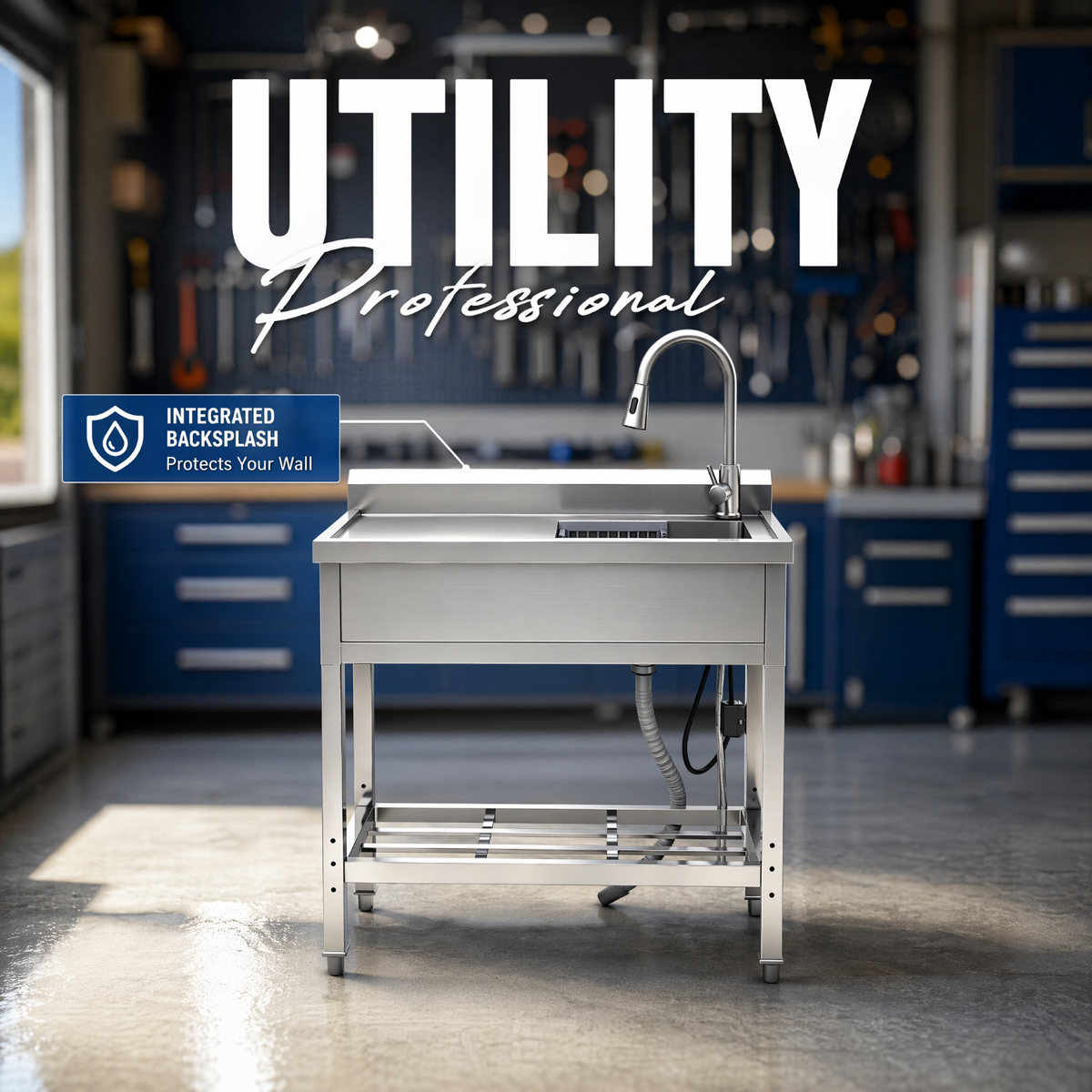 RAINLEX 39" Freestanding Utility Sink with Pull-Out Faucet in Stainless Steel