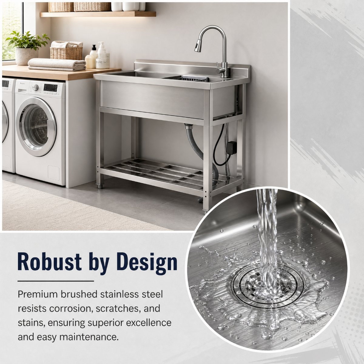 RAINLEX 39" Freestanding Utility Sink with Pull-Out Faucet in Stainless Steel