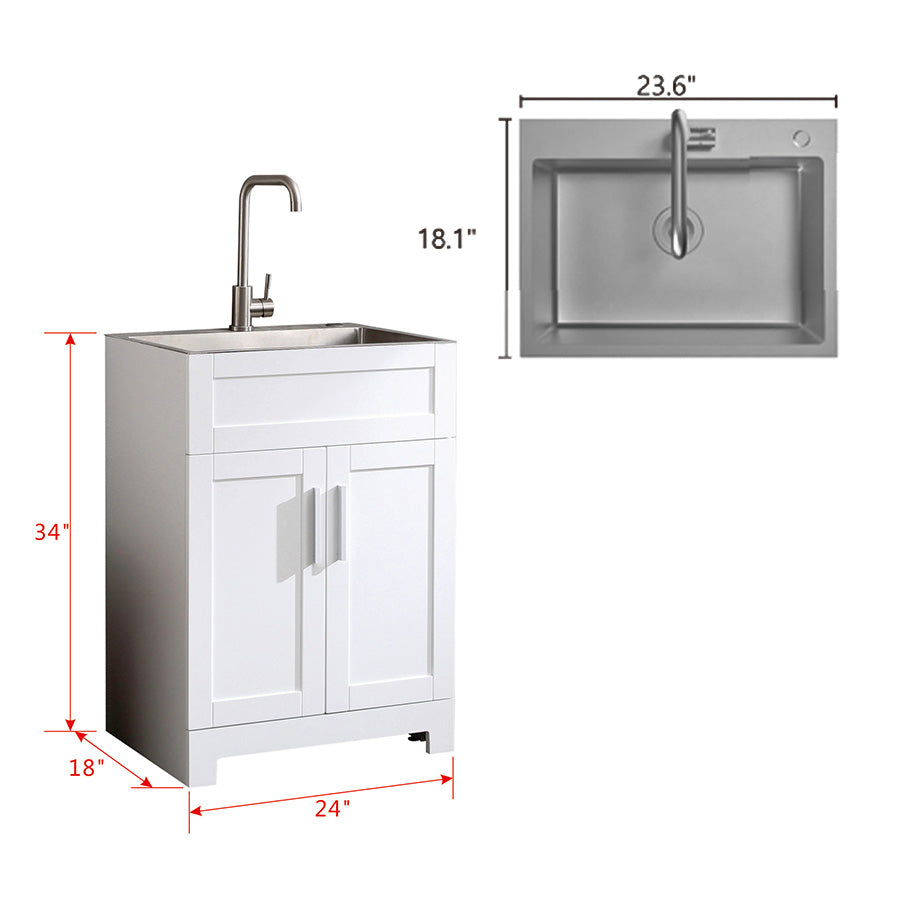Rainlex 24 in. White Paint-Free Laundry Utility Sink Cabinet with 12-Gauge Brushed Stainless Steel Sink, Tall Faucet & Soft-Close Doors