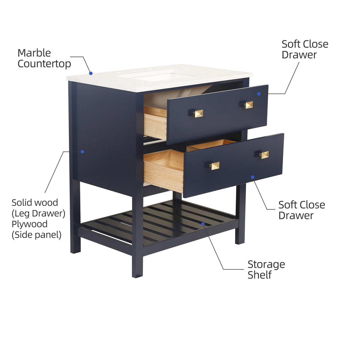 RAINLEX 30 in. Freestanding Bathroom Vanity with Natural Marble Top (V01)