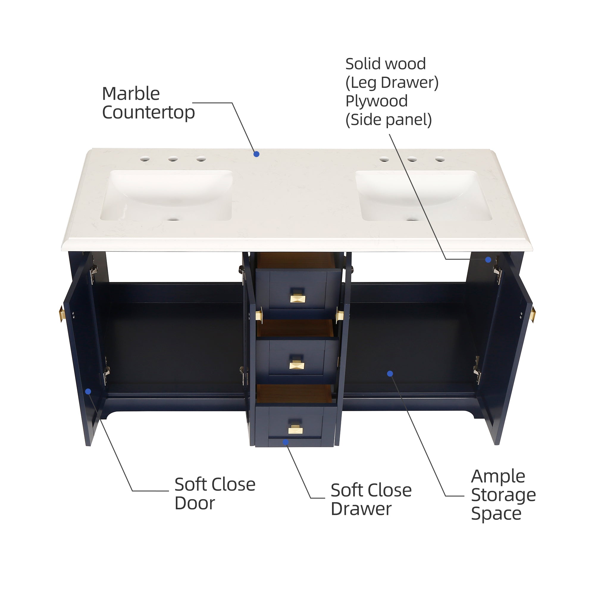 Meuble-lavabo double autoportant de 60 po avec dessus en marbre naturel RX-V02-60