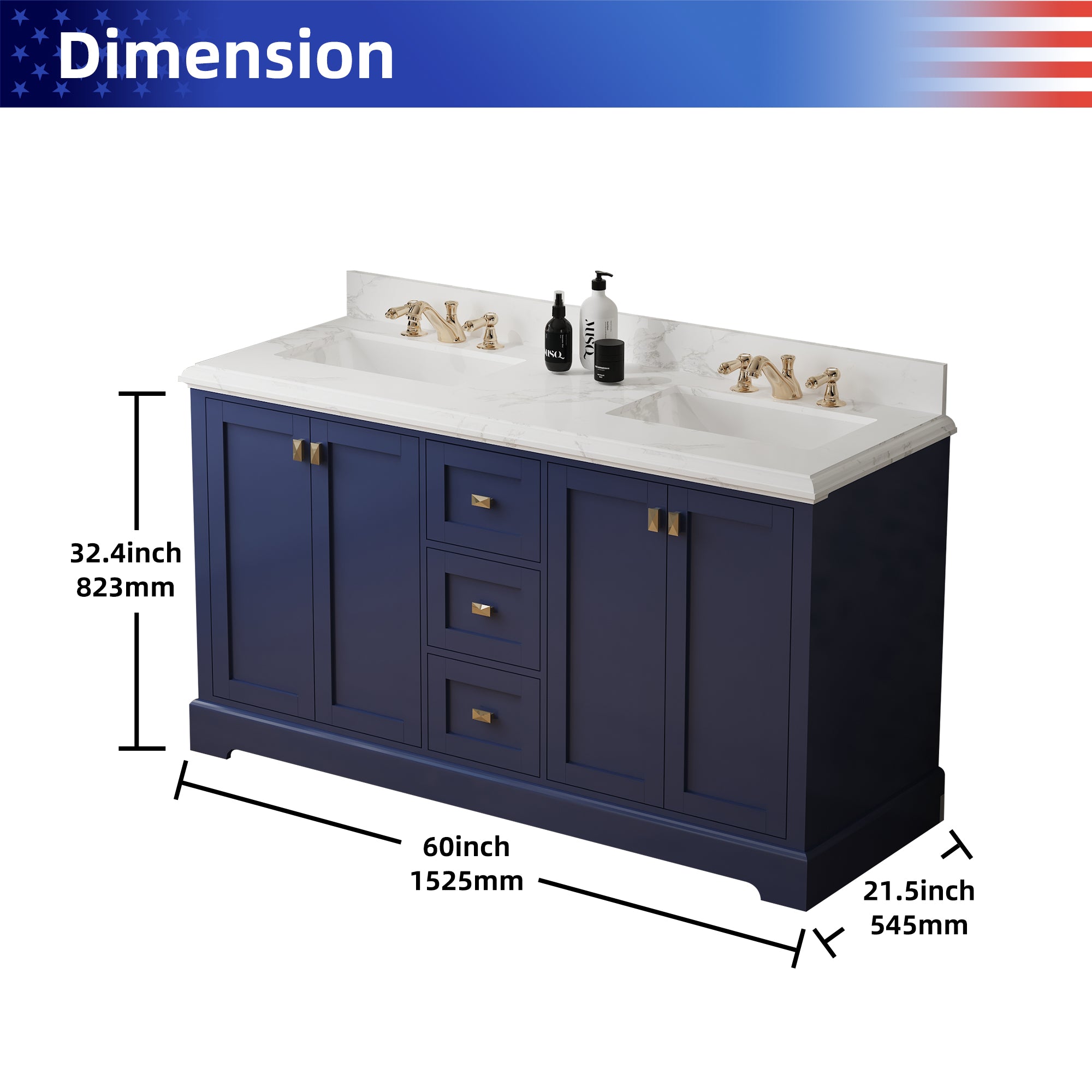 Meuble-lavabo double autoportant de 60 po avec dessus en marbre naturel RX-V02-60